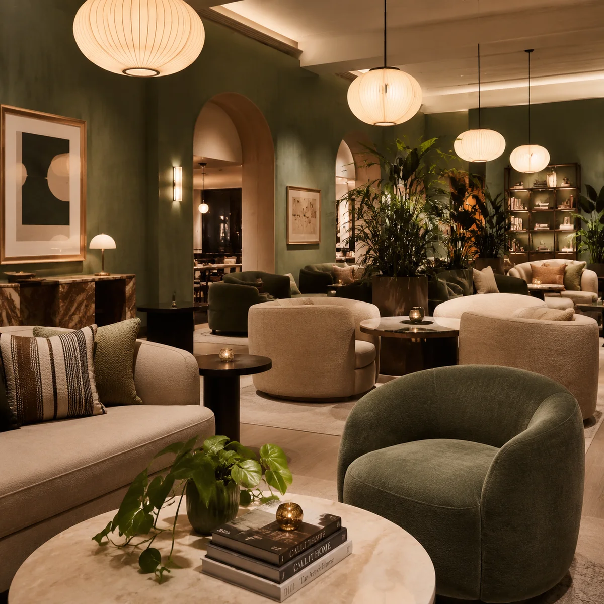 Empty social lounge with warm lighting representing community and belonging in swinging