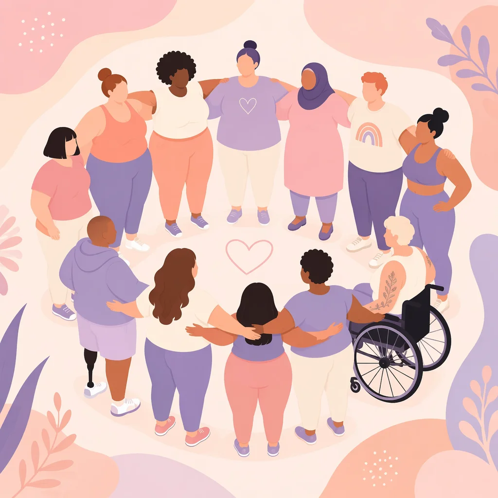Diverse body types in body-positive swinging community flat vector illustration