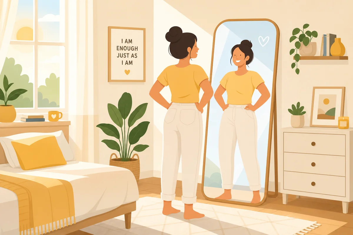 Person practicing self-acceptance in front of mirror flat vector illustration