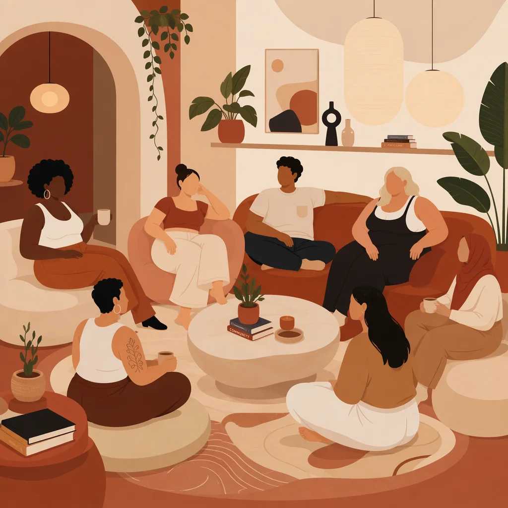 Diverse group in body-positive social lounge flat vector illustration