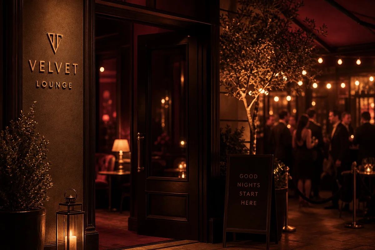 Upscale swinging club entrance at dusk with warm amber lighting and welcoming atmosphere