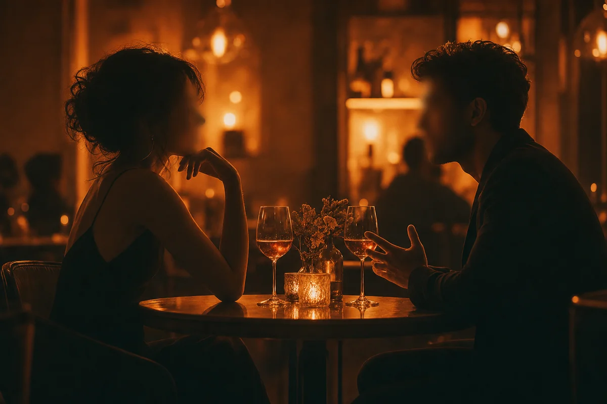 Couple having quiet conversation at candlelit table in upscale club setting with warm golden lighting