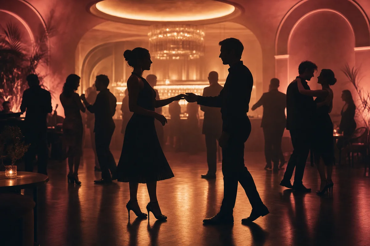 Elegant dance floor with amber and rose-gold lighting, silhouettes of people socializing respectfully