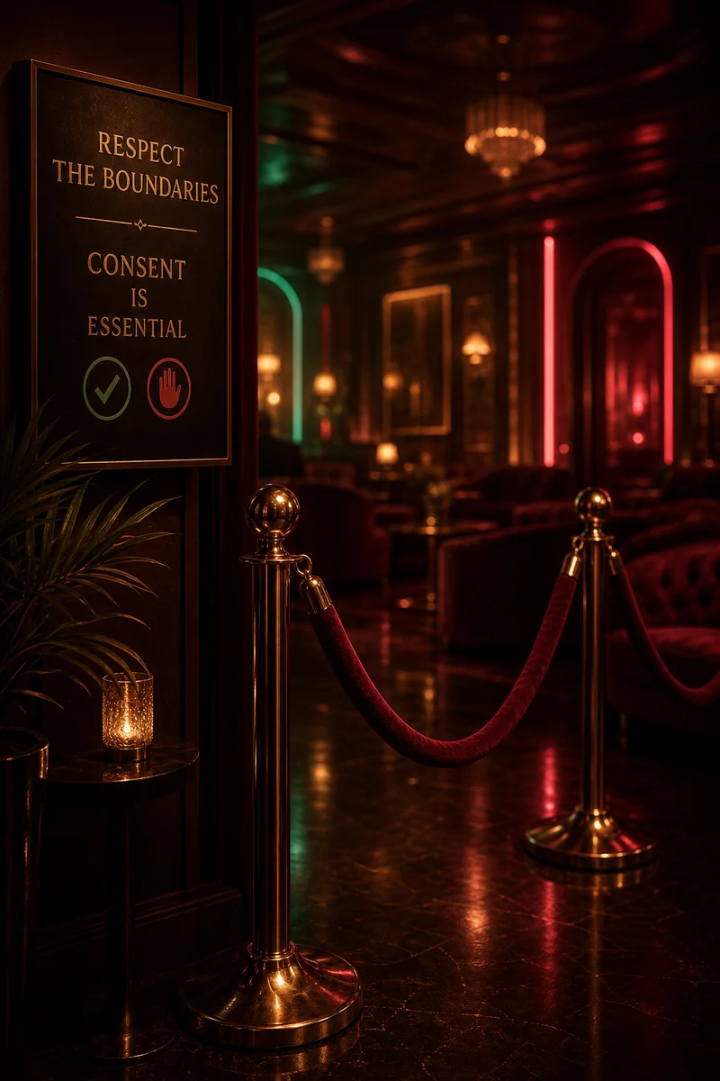 Elegant velvet rope divider with warm sepia and wine-red tones, symbolic of boundaries and respect in club settings