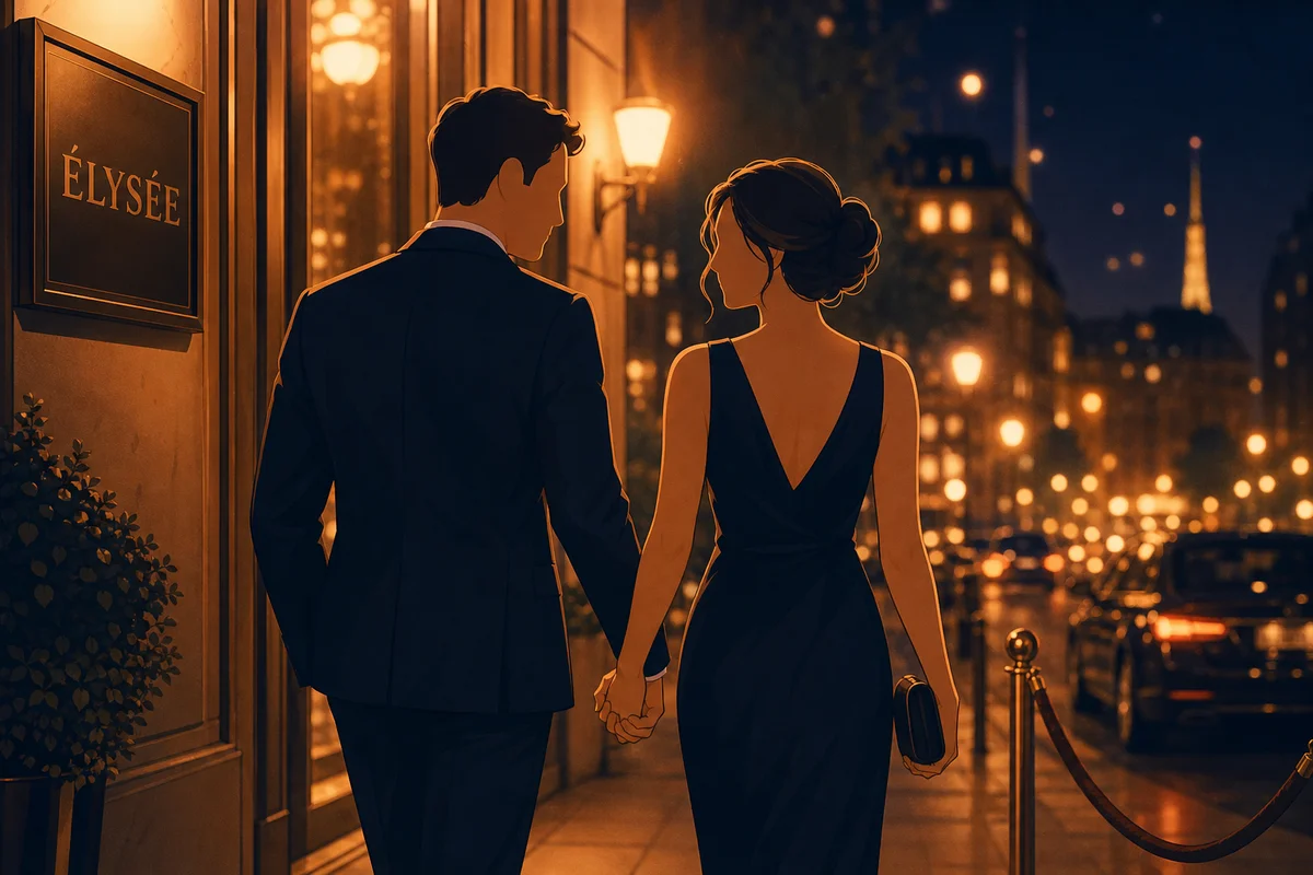 Couple walking out of upscale venue at night holding hands, warm street lighting, satisfied body language