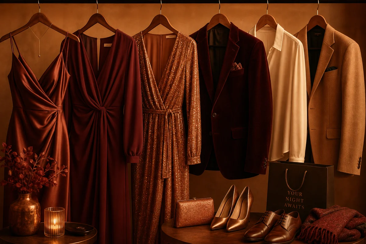 Elegant cocktail attire on wooden hangers in warm amber tones, dress code inspiration for lifestyle club visitors