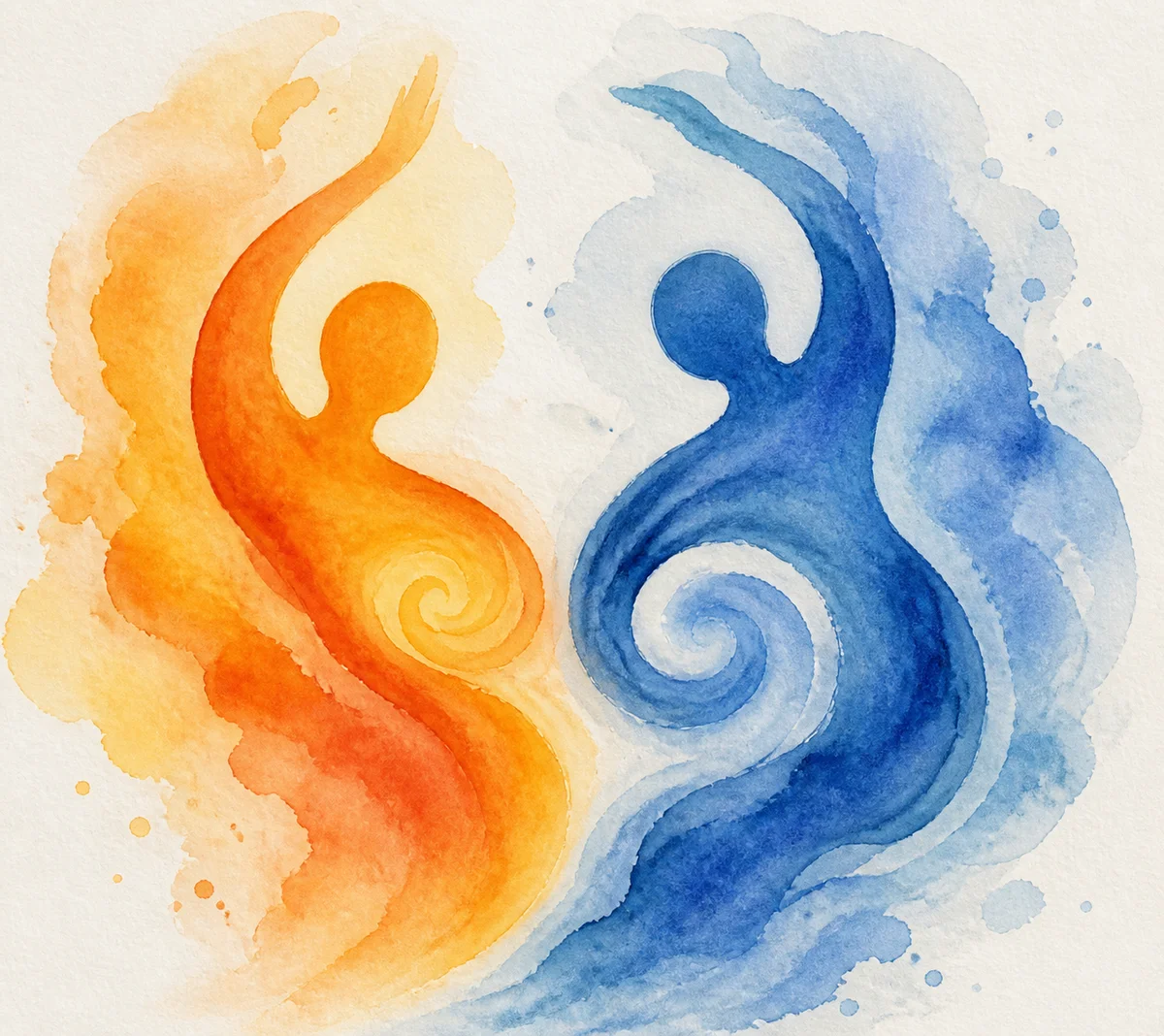 Two abstract forms in warm orange and cool blue in balance, watercolor style