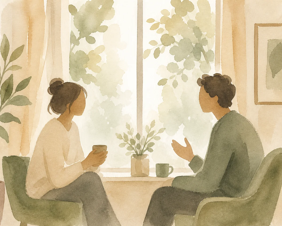 Two people in conversation by a window, watercolor style