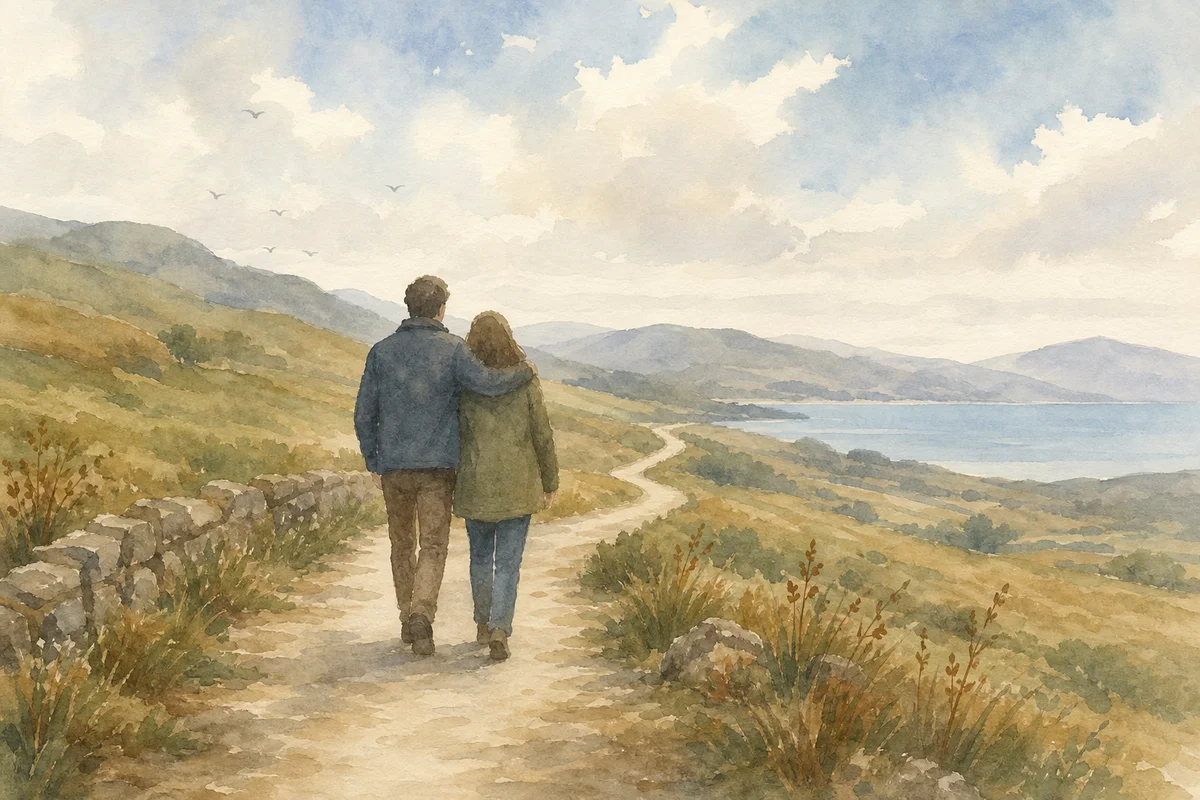 Couple walking a winding path through gentle landscape, watercolor style