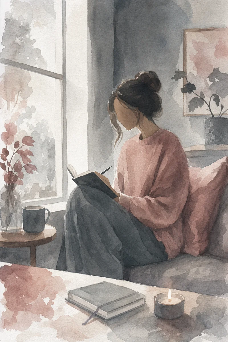 Single figure journaling near a window, watercolor style