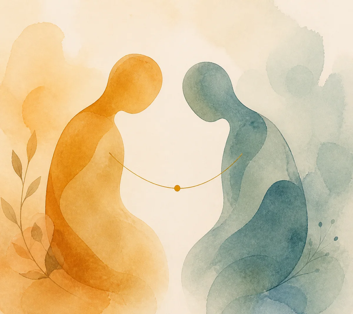 Two abstract forms connected but with comfortable space between, watercolor style