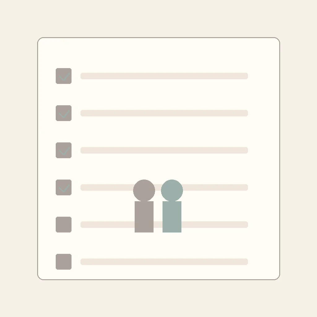 Flat vector illustration of a checklist with checkmarks and two thoughtful figures