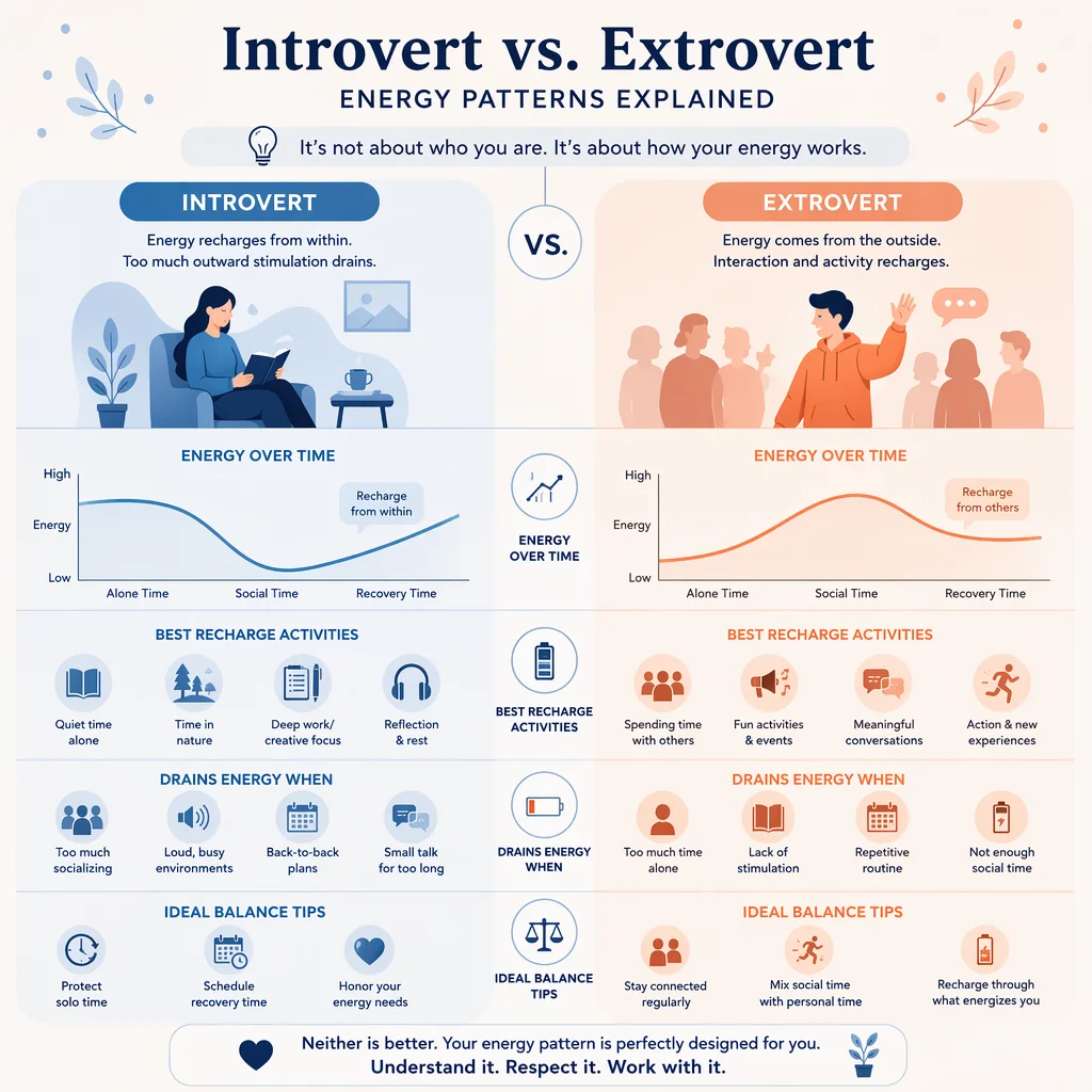 Introvert vs extrovert energy patterns infographic illustration