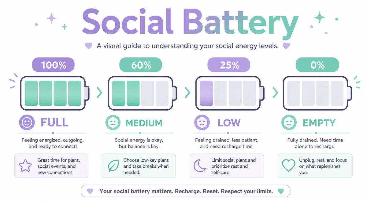 Social battery meter infographic showing energy levels