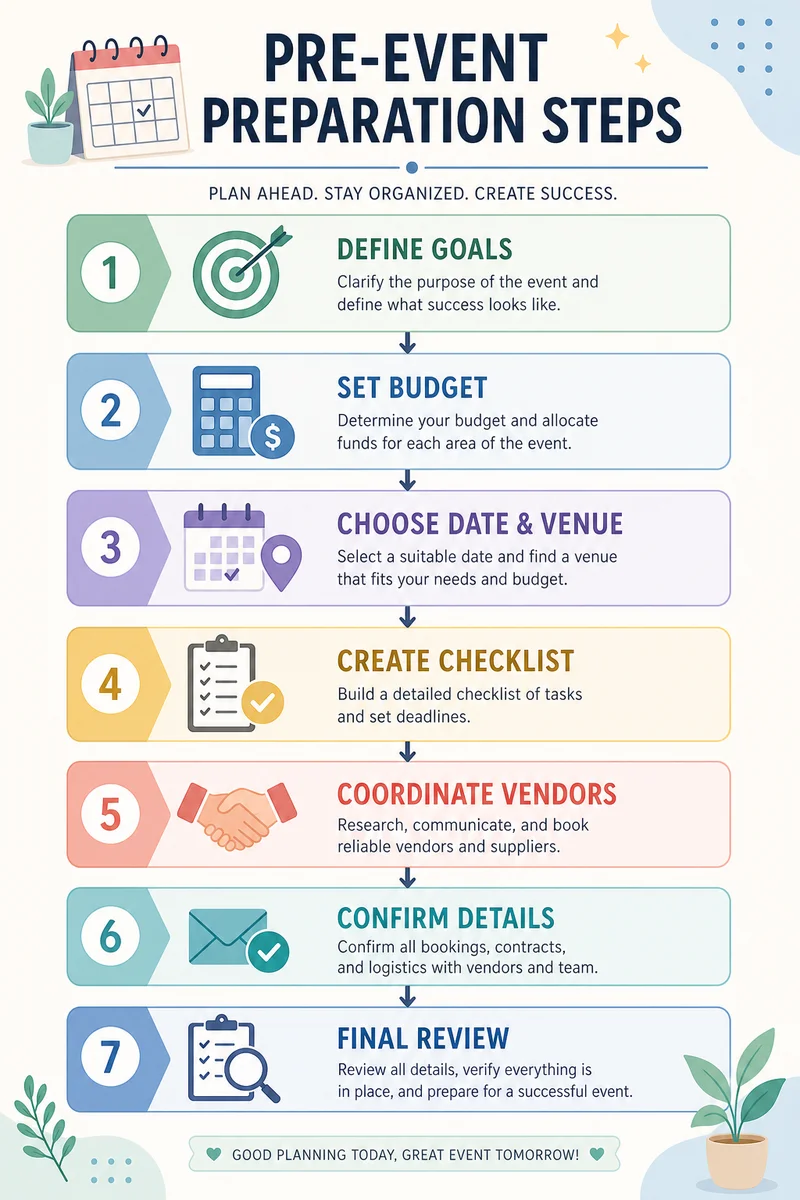 Pre-event preparation steps flowchart infographic