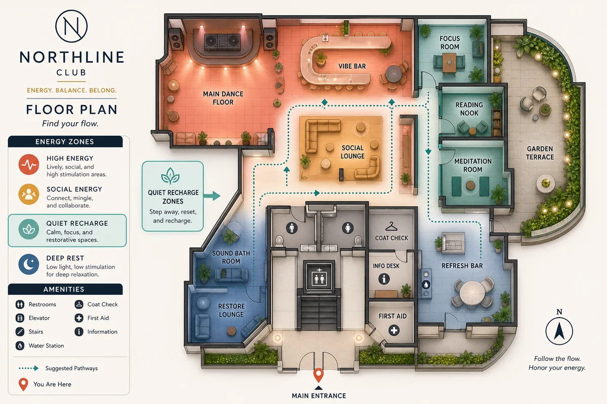 Club floor plan with quiet zones highlighted infographic map