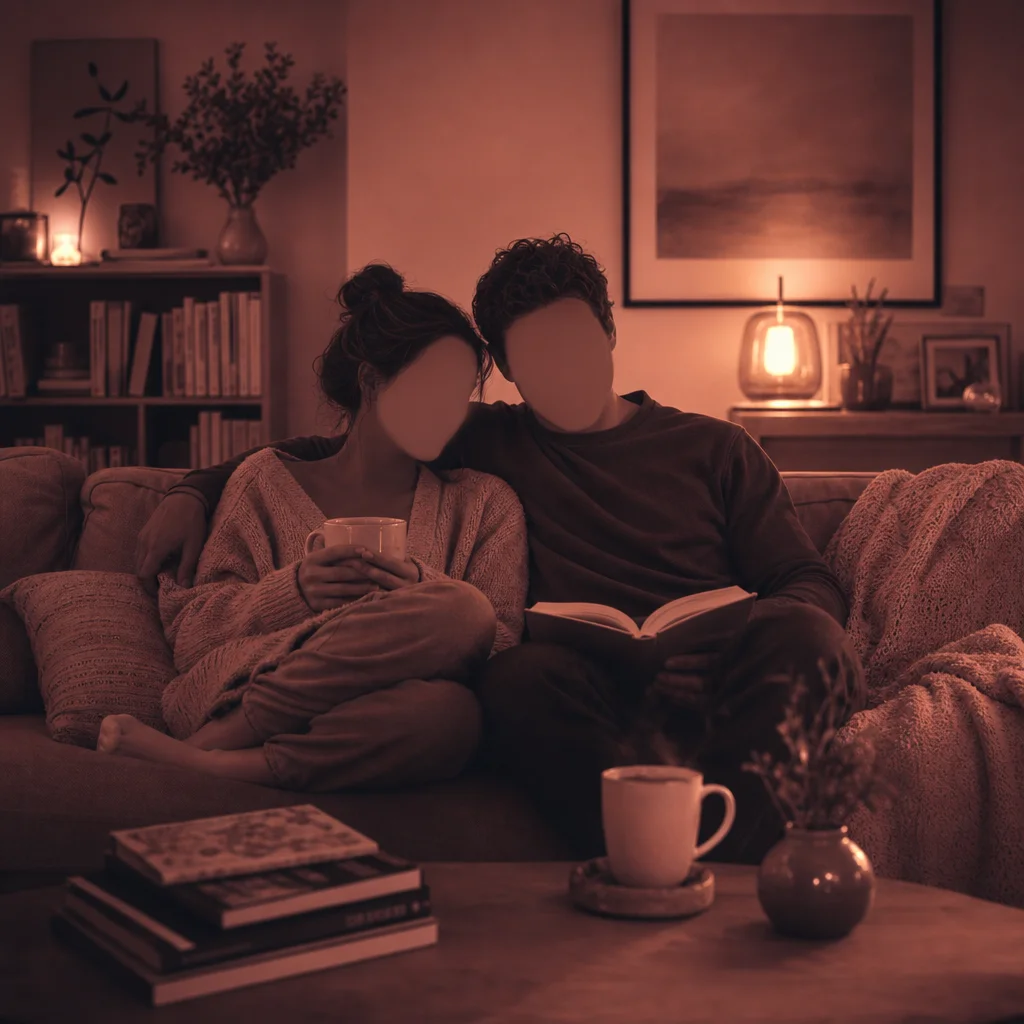 Couple connecting quietly after kids are asleep in warm amber duotone
