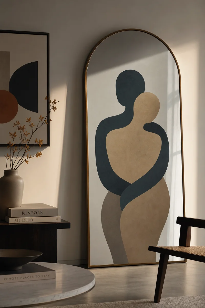 Abstract editorial illustration of a mirror reflecting two silhouettes, symbolizing how swinging reflects relationship dynamics back at couples