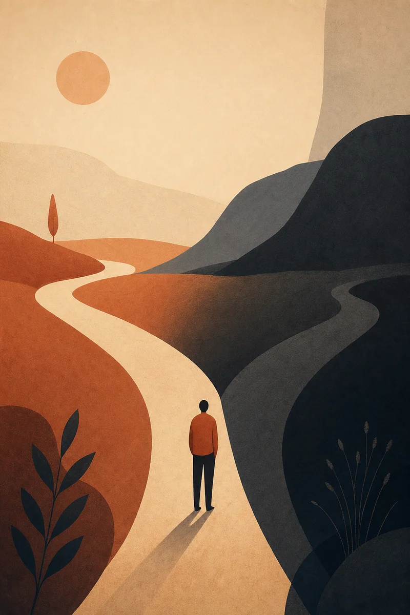 Editorial illustration of two diverging paths in an abstract landscape, one illuminated and one in shadow