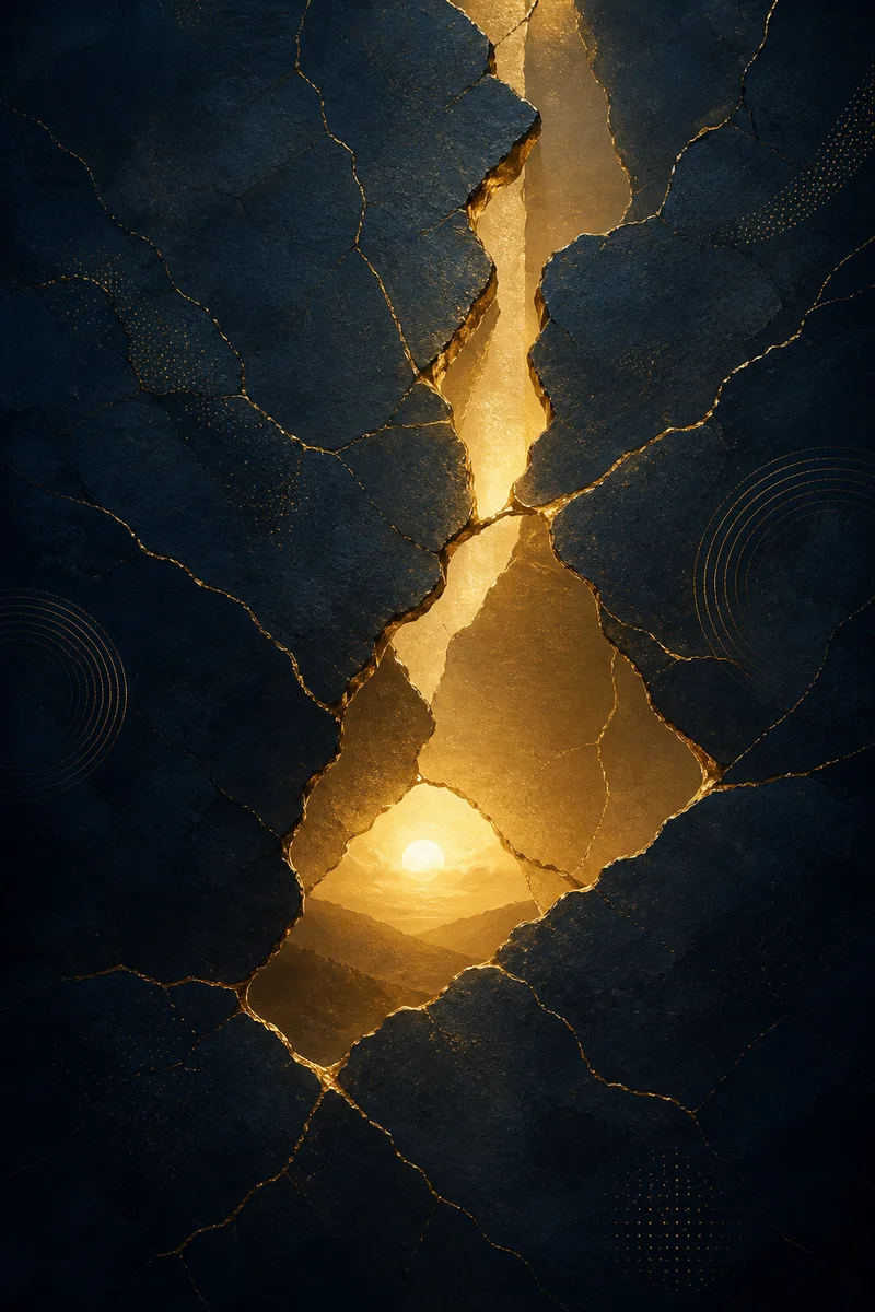 Abstract editorial illustration of a cracked surface with warm golden light glowing through