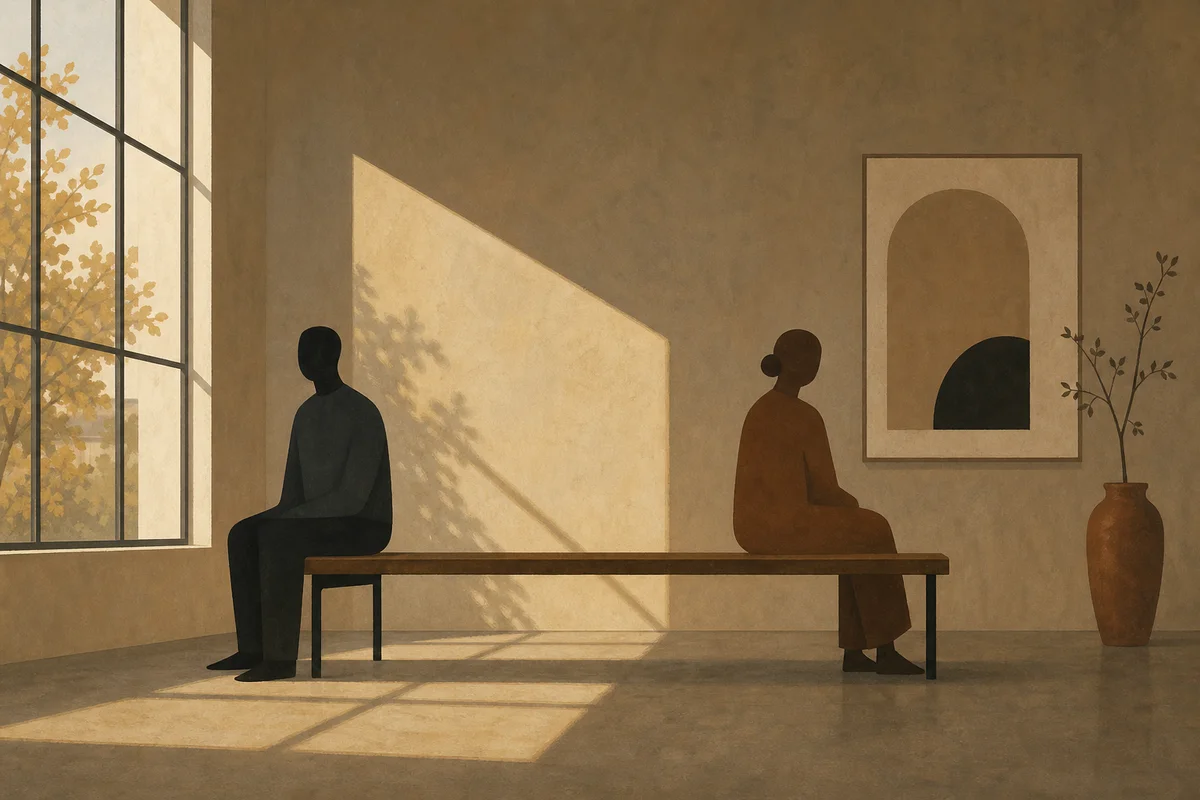 Editorial illustration of two abstract figures sitting on a bench in a minimalist space with warm window light