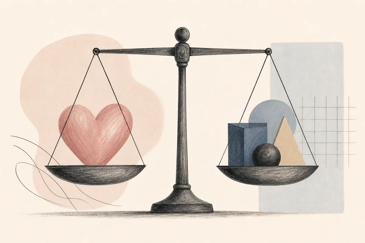 Editorial illustration of a scale balancing an abstract heart and geometric forms