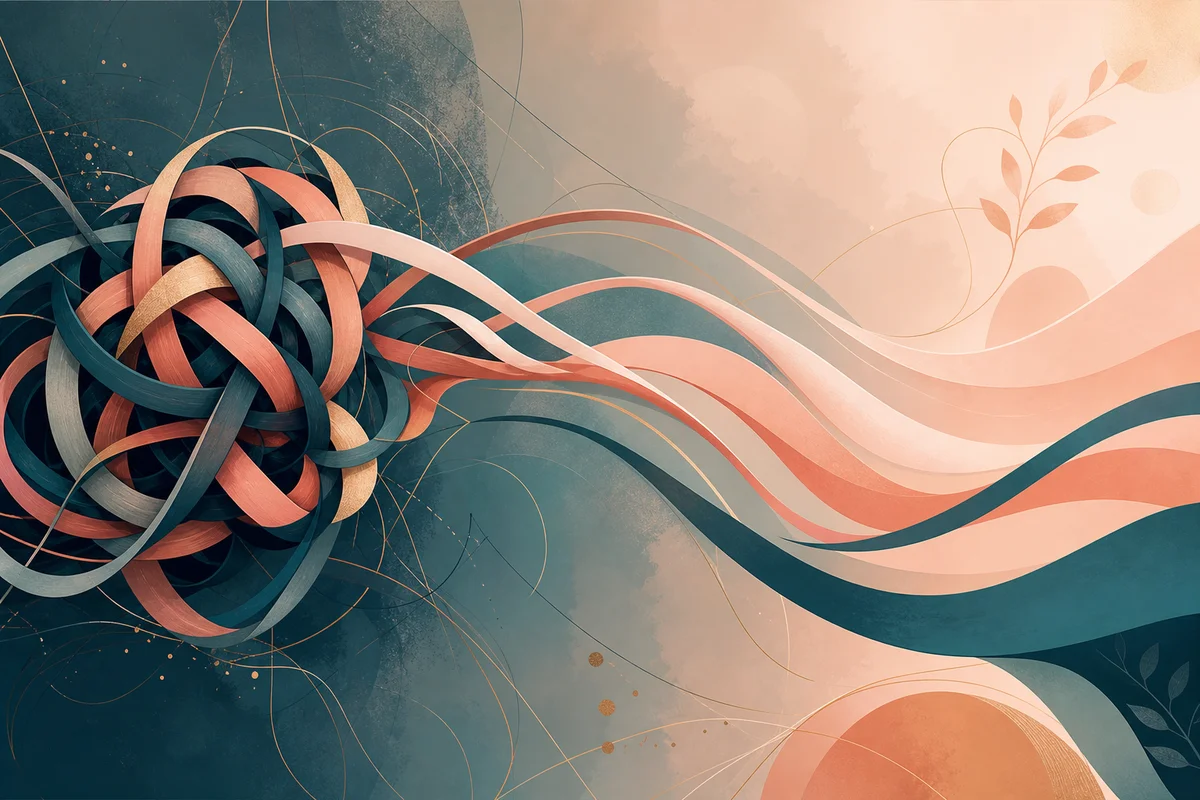 Abstract editorial illustration of intertwined lines loosening from a knot into flowing ribbons