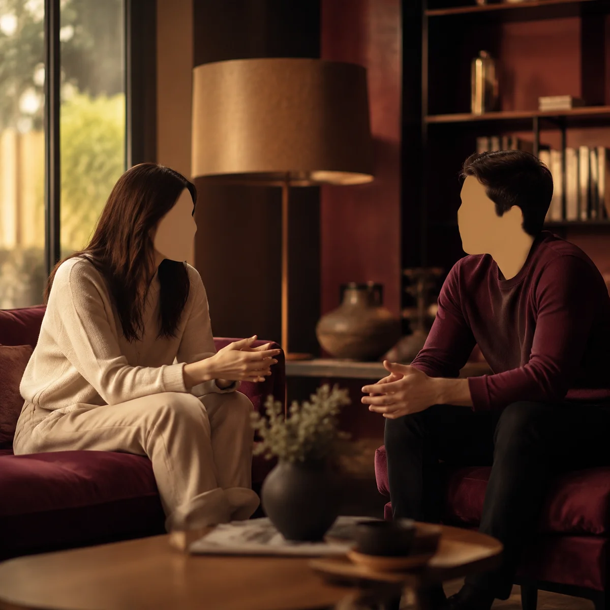 Couple having a calm conversation in a warmly lit modern living room with amber and burgundy duotone tones