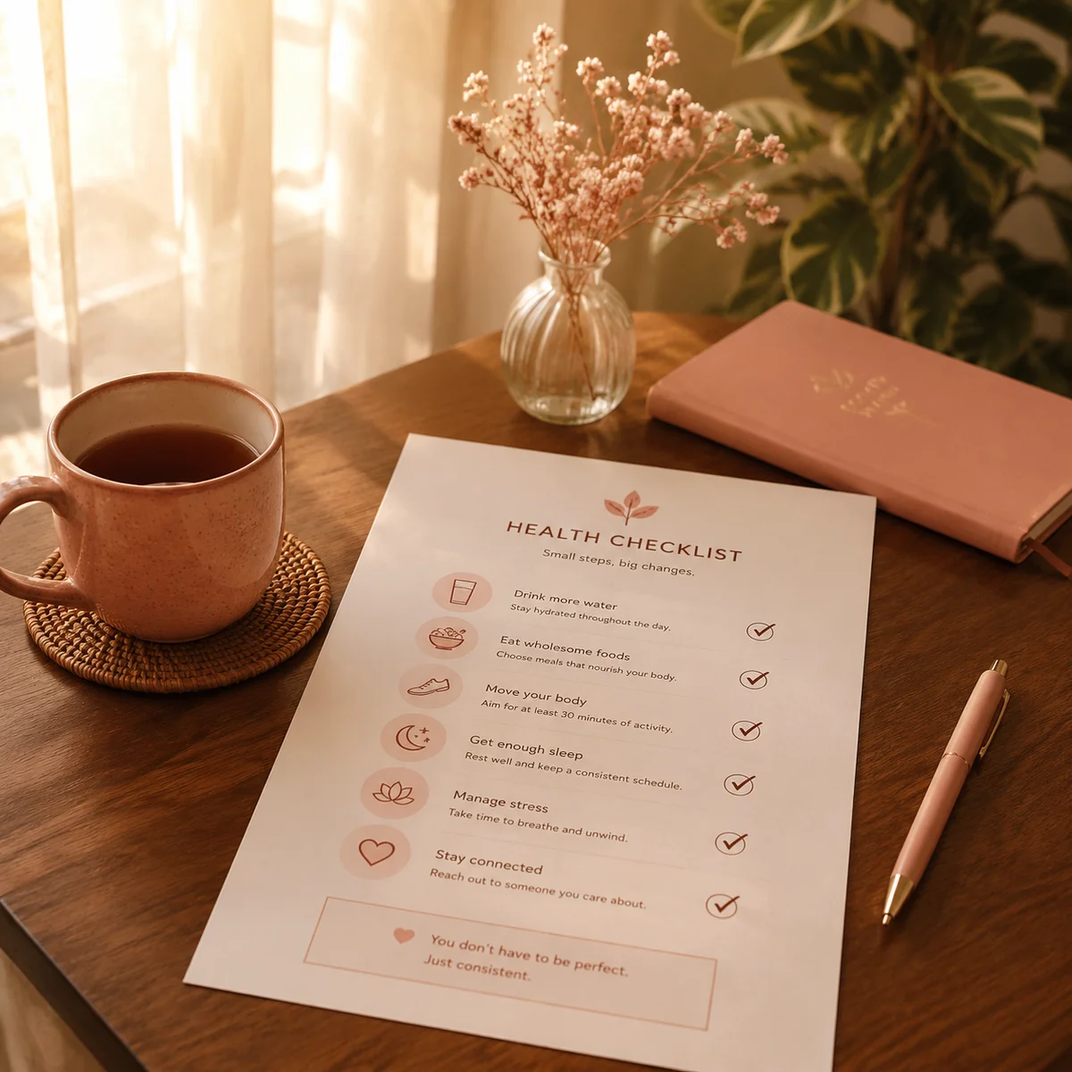 Health checklist and tea on a wooden table in warm duotone morning light