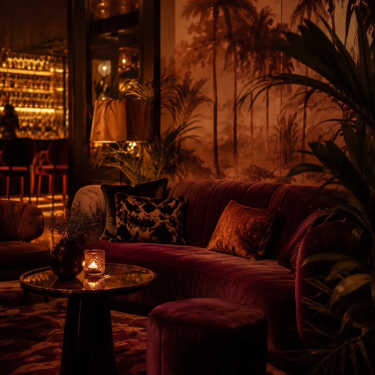 Elegant lounge interior with warm amber lighting and comfortable seating