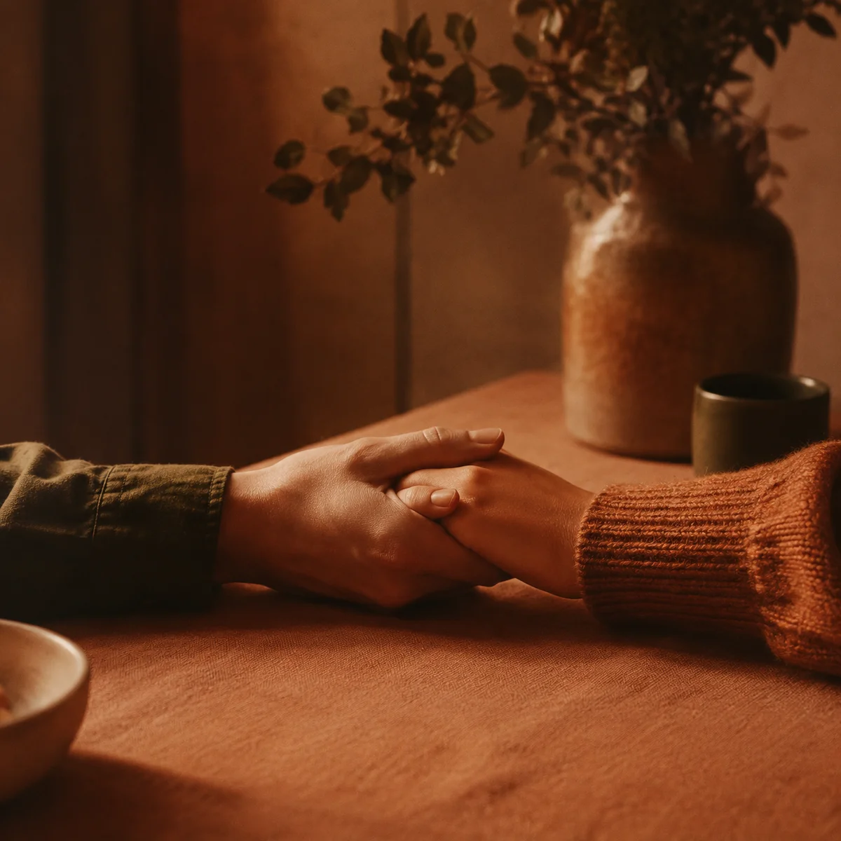 Two hands reaching across a table holding each other in warm terracotta duotone light