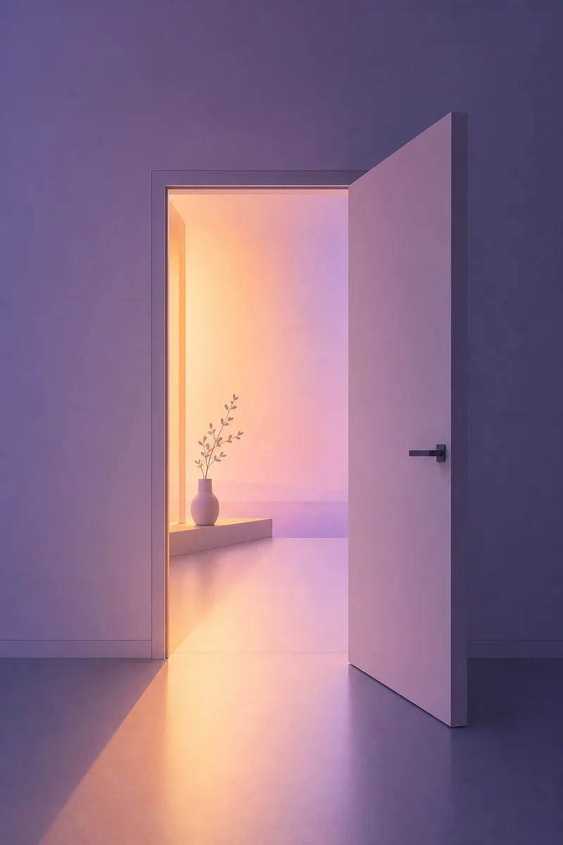 Open door with gradient light transitioning from warm to cool tones, symbolizing a pause in ENM dating