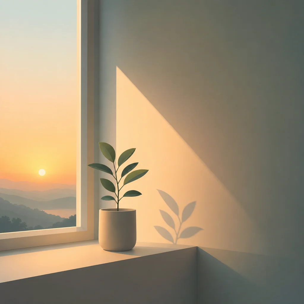 Single plant on windowsill with sunrise gradient light, representing personal growth during ENM break