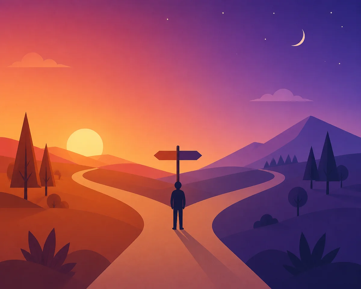 Two diverging paths under gradient twilight sky, symbolizing choice points in ENM relationship journey
