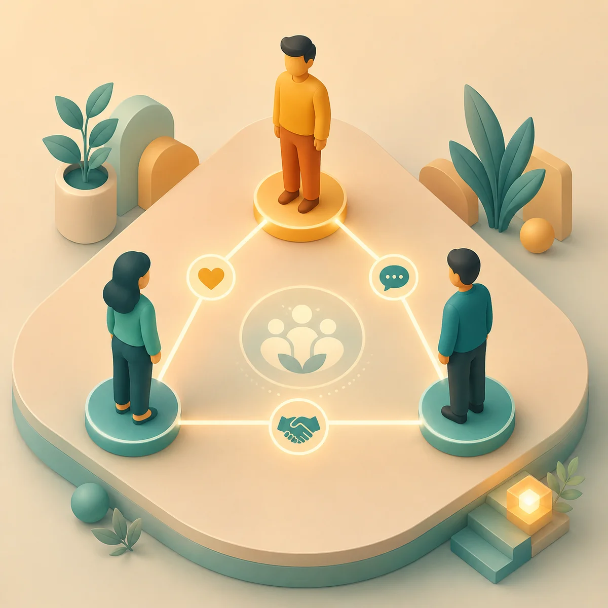 Isometric illustration of three abstract figures in an equilateral triangle formation connected by gentle lines