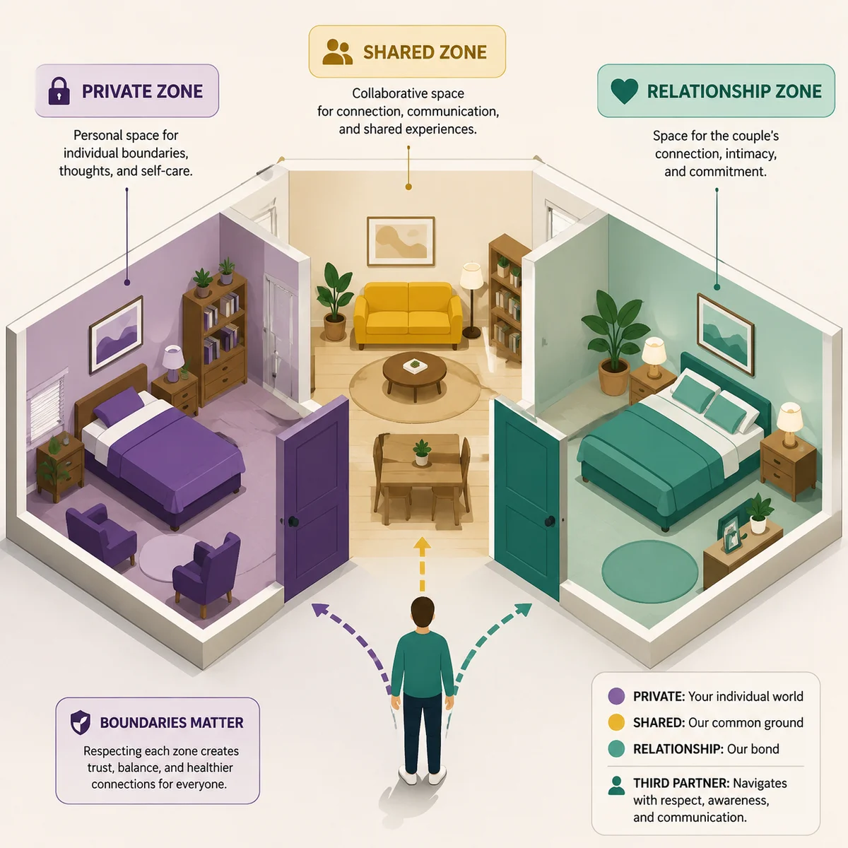 Layered pyramid showing the hierarchy of needs for a third partner — safety, respect, communication, connection