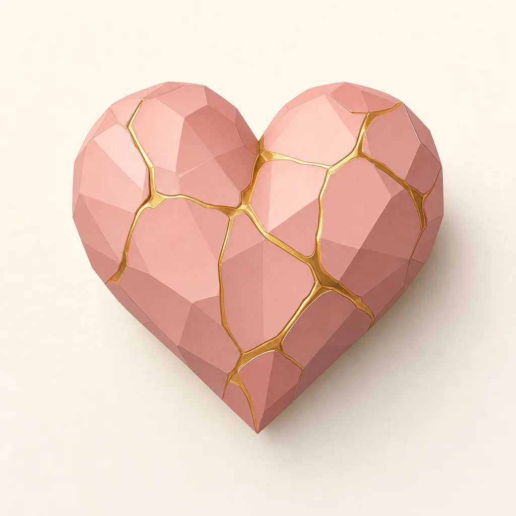 Isometric illustration of a heart mended with golden kintsugi lines symbolizing recovery