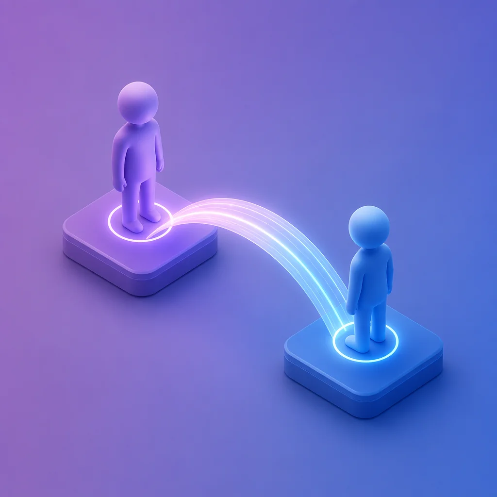 Two abstract figures connecting across distance in isometric 3D style