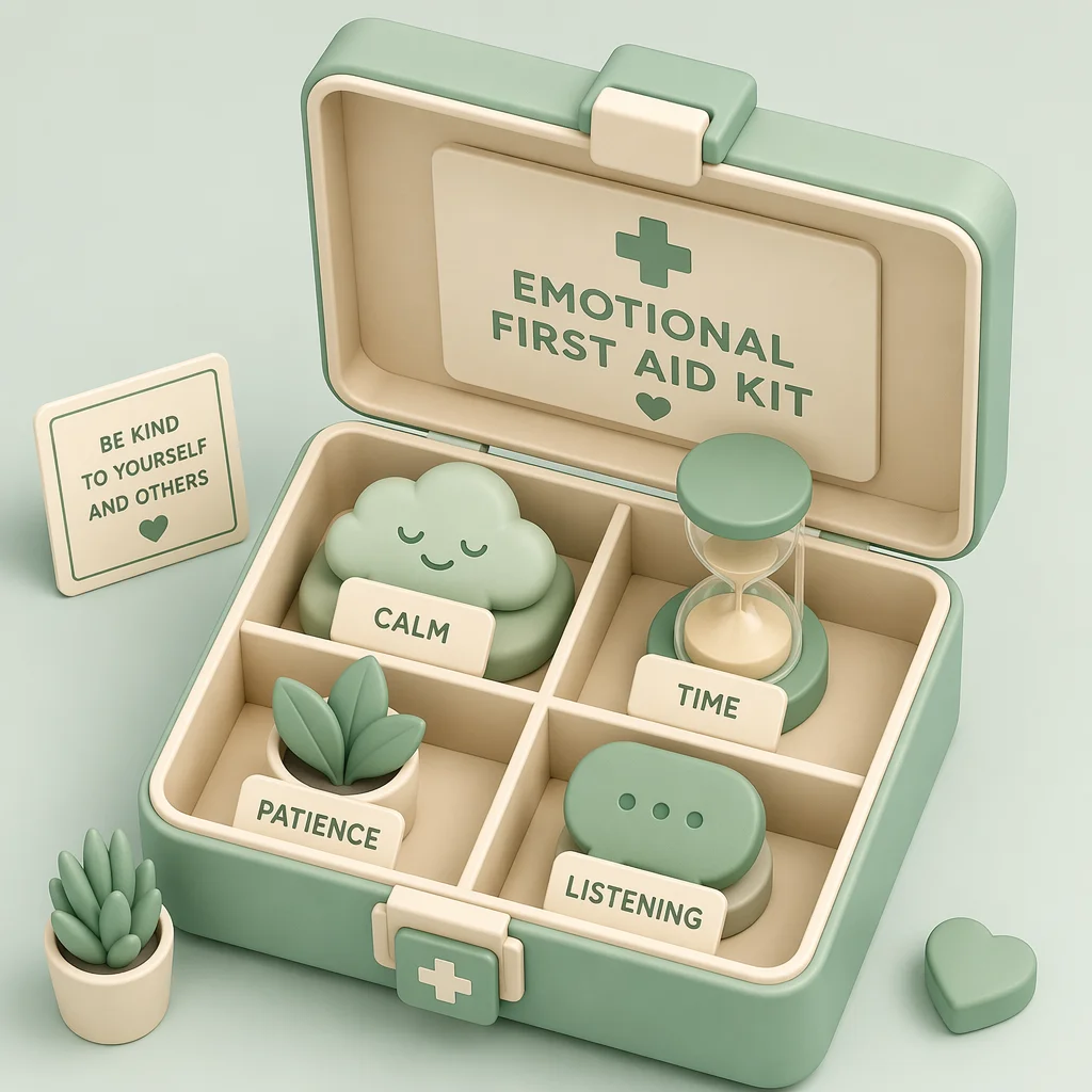 Emotional first aid kit with care items labeled in isometric illustration