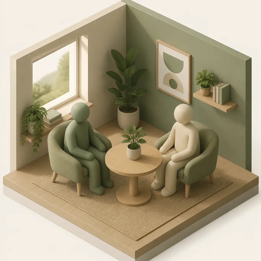 Two abstract figures at a table with a plant in calm isometric scene