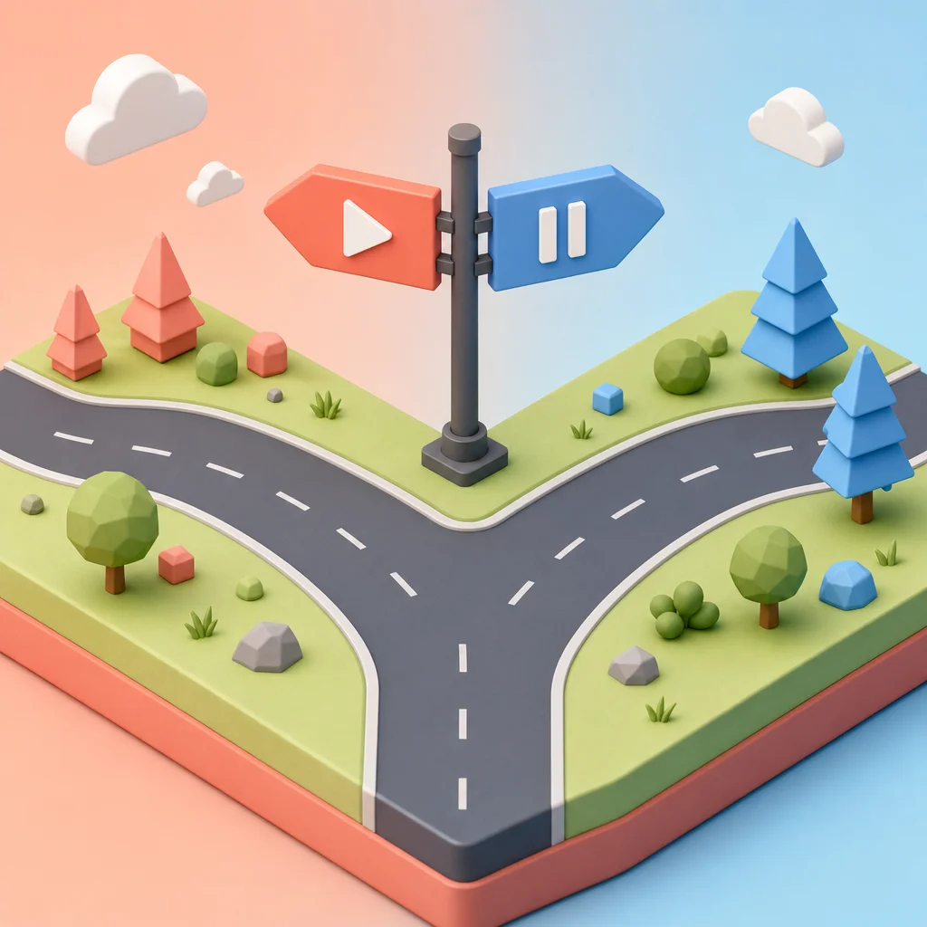 Road fork with try again and pause signs in isometric 3D illustration