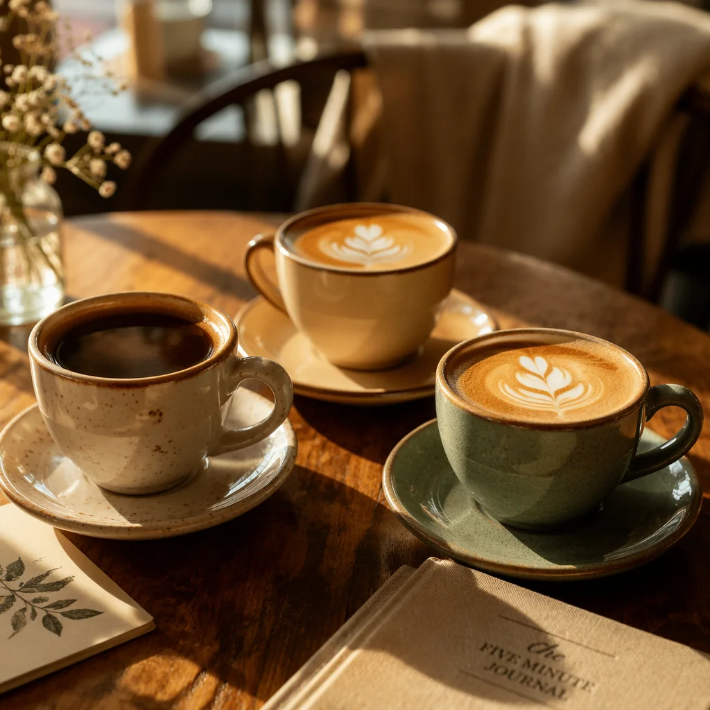 Three coffee cups on a café table with warm afternoon light, representing a pre-encounter meeting in threesome dating etiquette