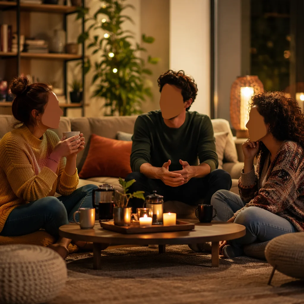 Three people sitting around a low coffee table with candles, warm ambient lighting, comfortable living room scene in lifestyle photography style