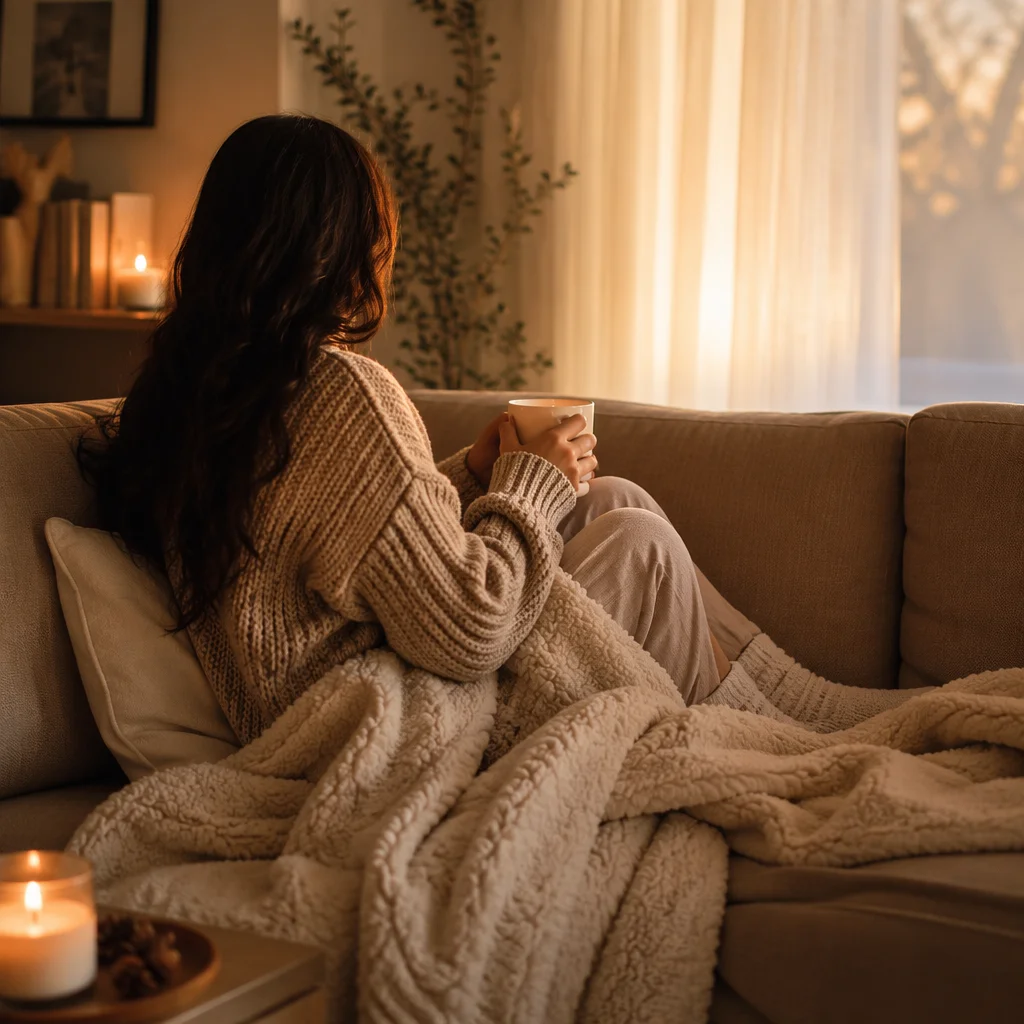A person sitting comfortably on a couch with a throw blanket, soft evening light, representing the third partner's equal comfort and autonomy in threesome settings