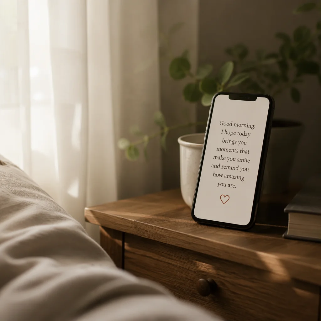 A smartphone on a nightstand showing a thoughtful good-morning message, soft morning light through curtains, representing post-encounter communication etiquette