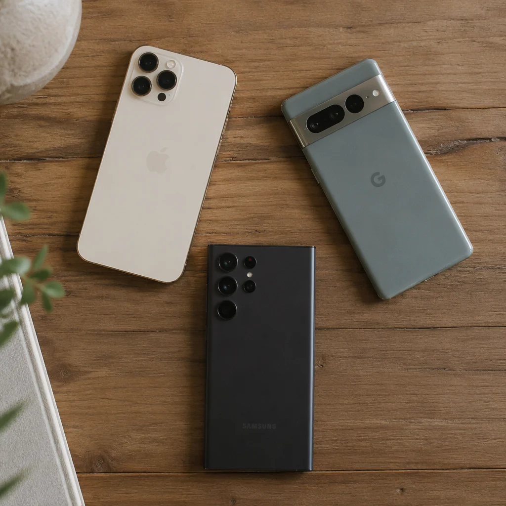 Three smartphones placed in a triangle on a wooden surface, soft overhead lighting, representing group chat dynamics and digital boundaries in threesome dating