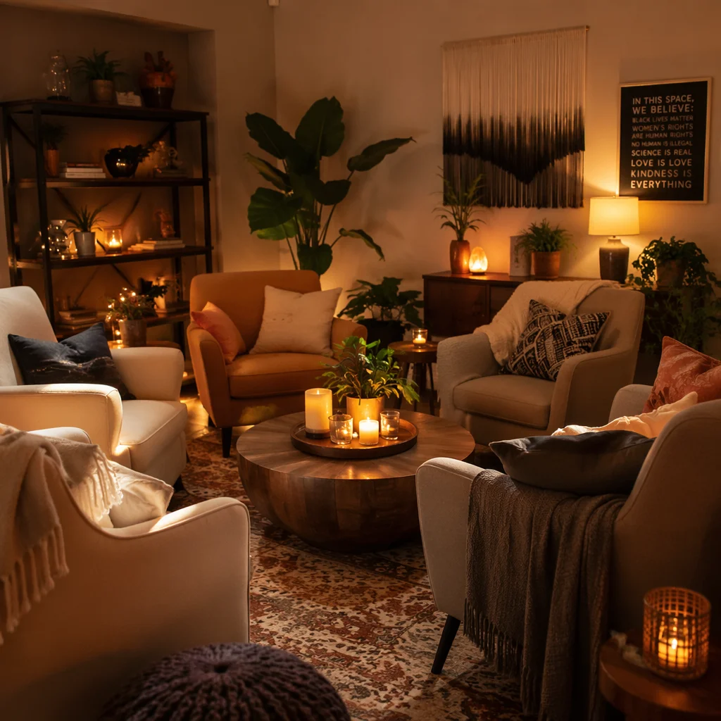 A warmly lit living room with comfortable seating arranged in a circle, candles and soft textiles, representing an inclusive and respectful threesome environment