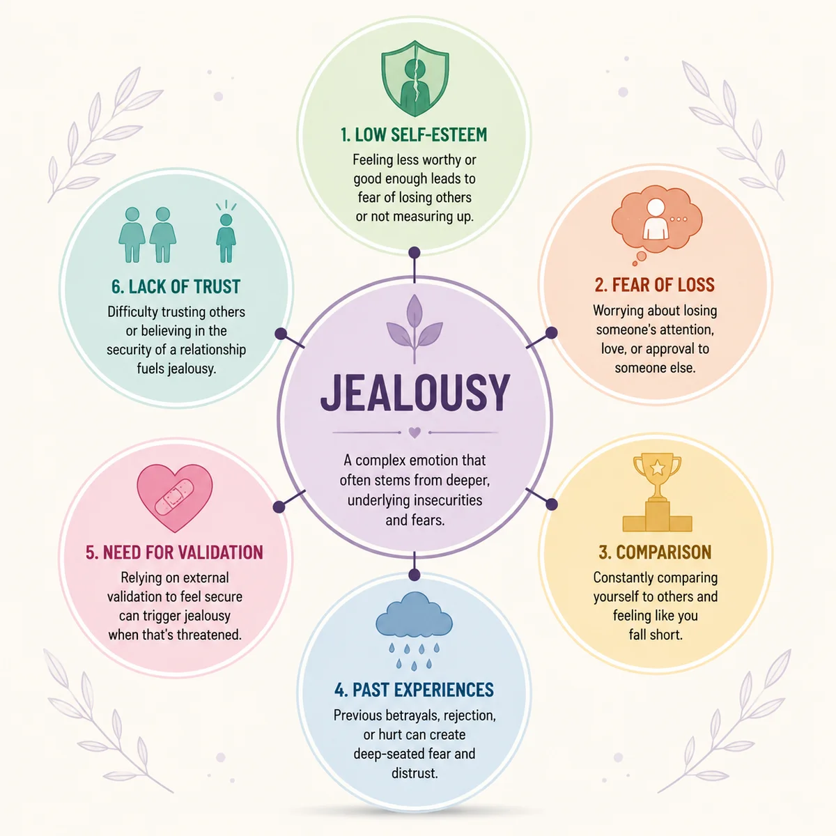 Infographic chart illustration showing jealousy as a signal not a flaw, with arrows pointing to root causes, infographic style with clean typography and soft pastel colors