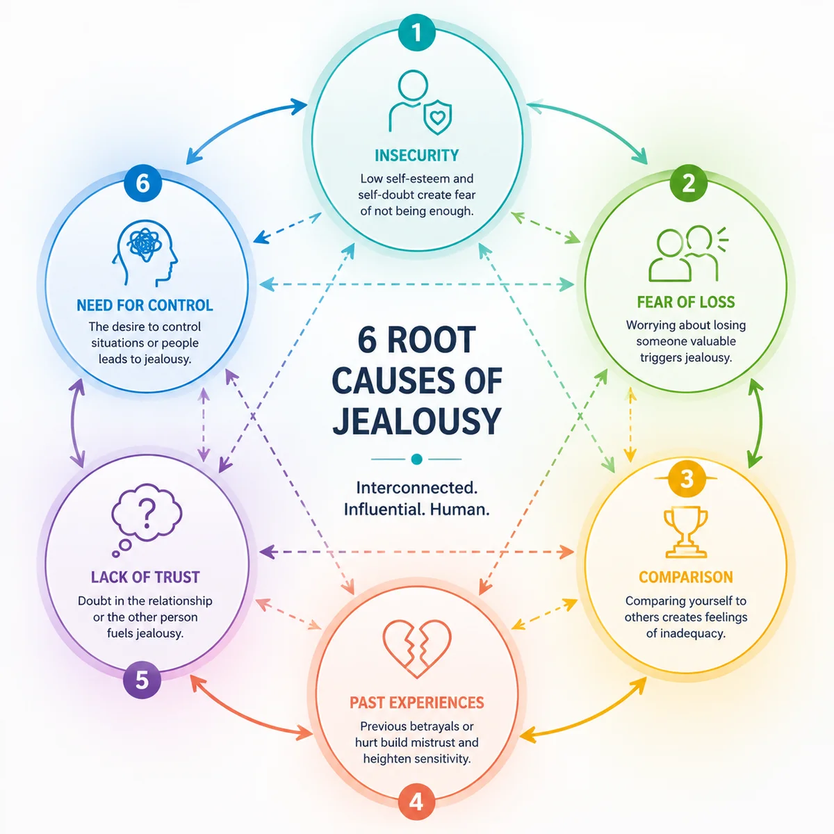 Infographic style diagram showing six interconnected circles representing different jealousy root causes, clean design with arrows showing relationships between causes, soft color coding