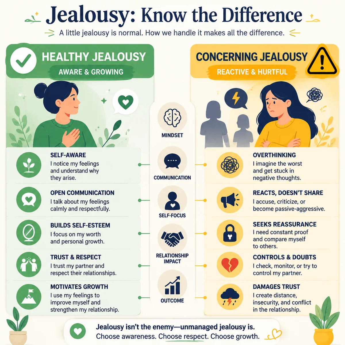 Infographic comparison chart showing healthy vs concerning jealousy patterns side by side, with green checkmarks for healthy responses and yellow caution indicators for warning signs, clean infographic layout
